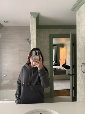 ESSENTIALS (not real 🚨( Charcoal Graphic Hooded Sweatshirt  - Minimal Logo